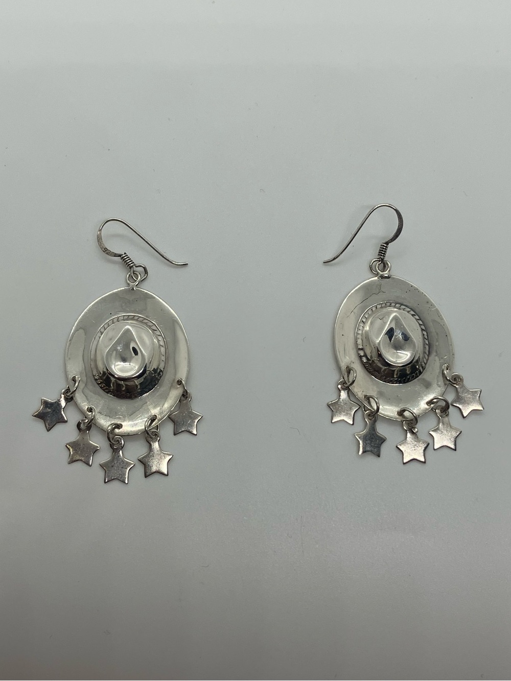 Vtg 925 Sterling Silver Cowboy Hat Star Dangle Earrings Western Southwestern